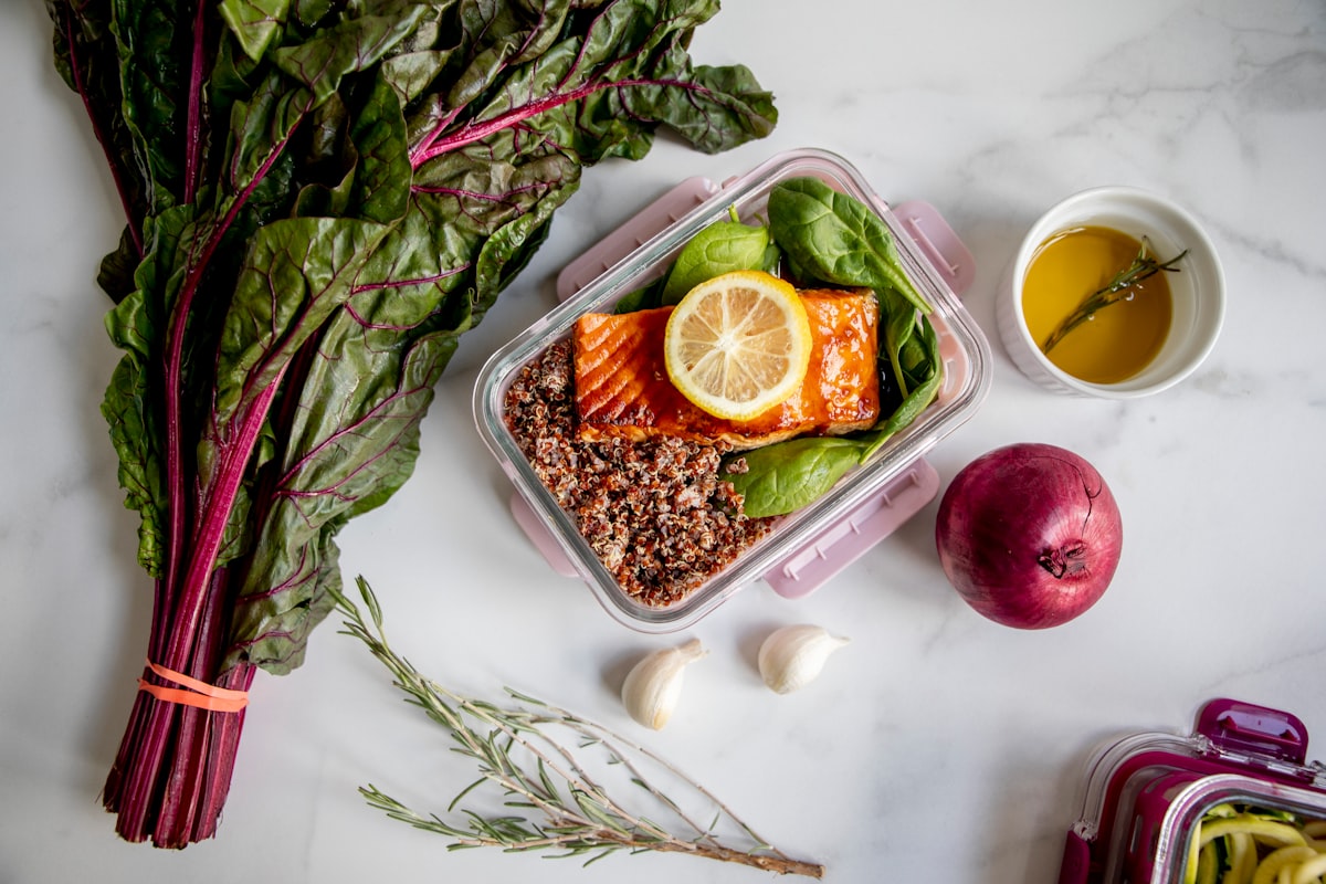 Grilled salmon with roasted vegetables and brown rice